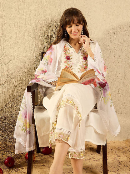Women Floral Embroidered Regular Thread Work Kurta with Trousers & With Dupatta