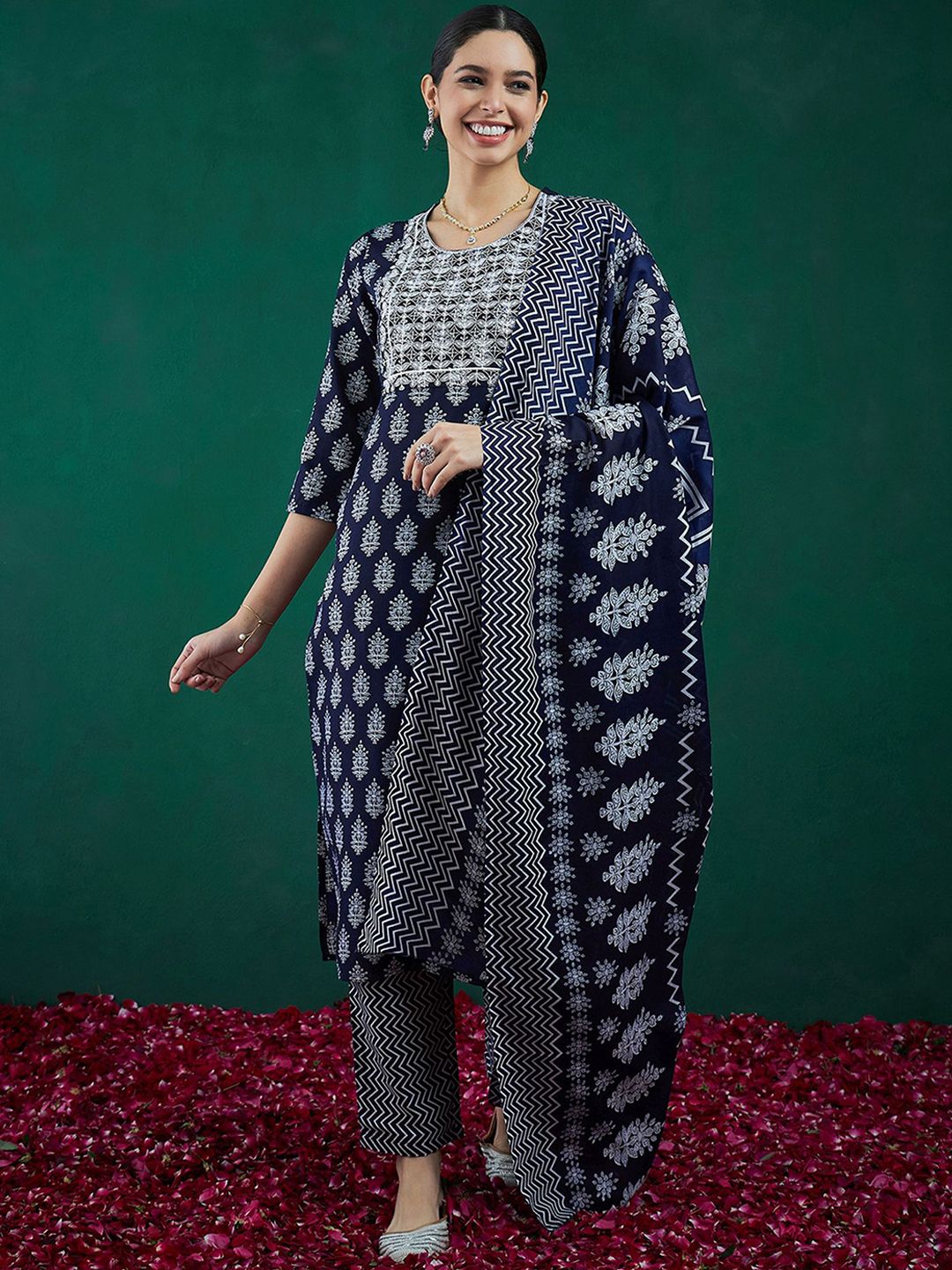Dhiyona IE Ethnic Motifs Printed Thread Work Straight Kurta With Trousers & Dupatta