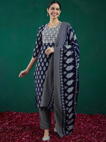 Ethnic Motifs Printed Thread Work Straight Kurta With Trousers & Dupatta