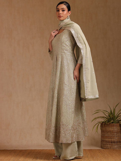 Dhiyona SO Women's Alina Cut Floral Embroidered Empire Sequinned Anarkali Kurta With Palazzo & Dupatta