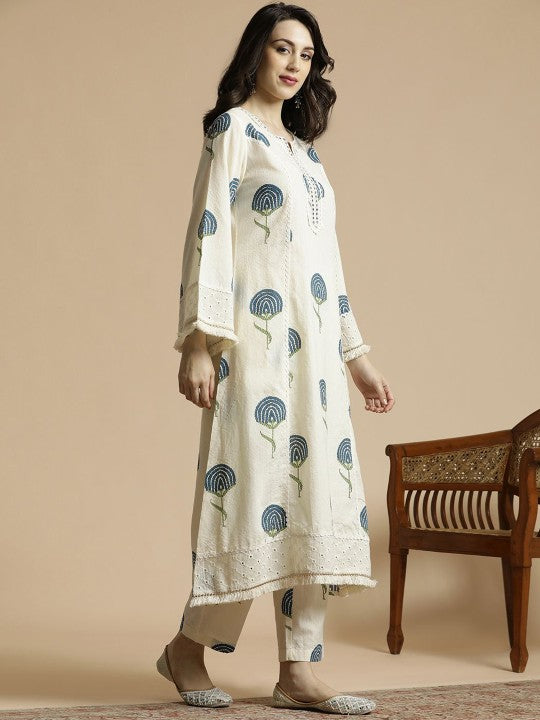 Women's Floral Printed Regular Mirror Work Pure Cotton A-Line Kurta with Palazzos