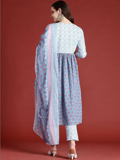 Women Ethnic Motifs Printed Empire Mirror Work Pure Cotton Kurta with Trousers & With Dupatta