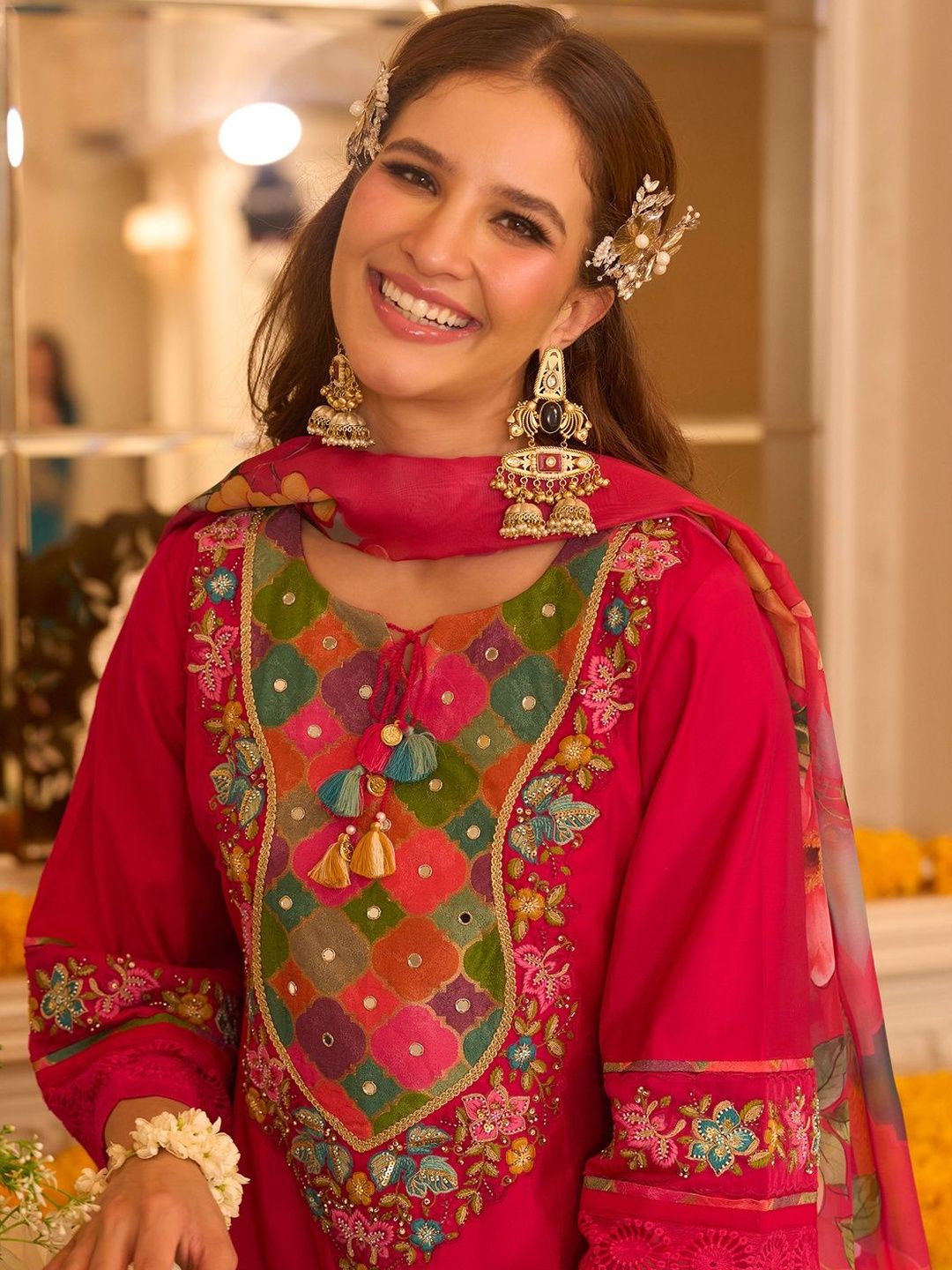 Floral Embroidered Thread Work A-Line Kurta With Trousers & Dupatta