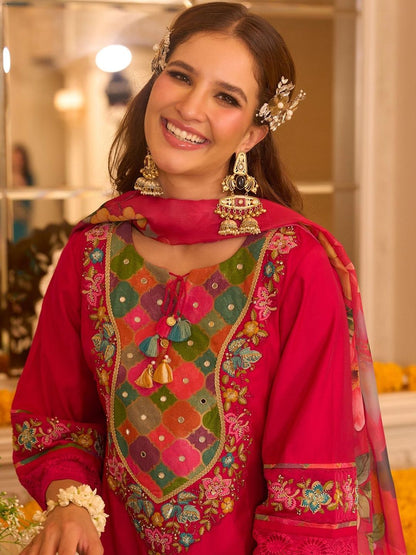 Floral Embroidered Thread Work A-Line Kurta With Trousers & Dupatta