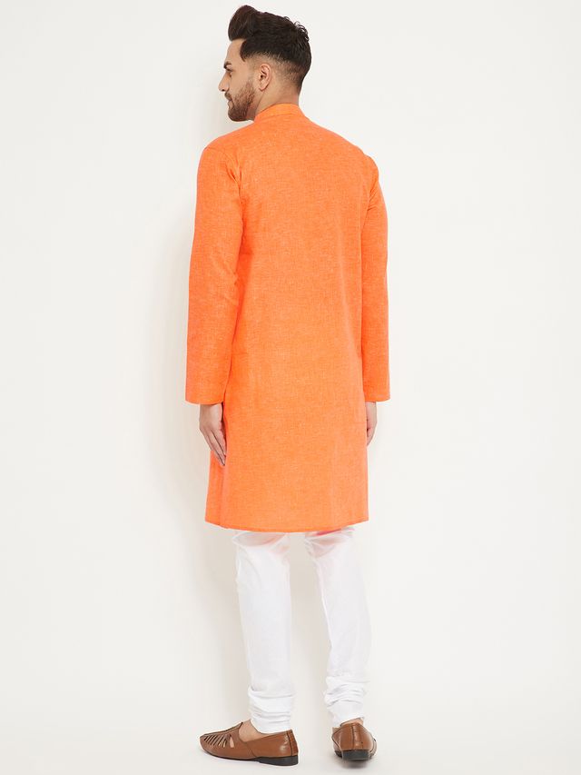 Men's Orange Cotton Blend Straight Kurta Pyjama Set