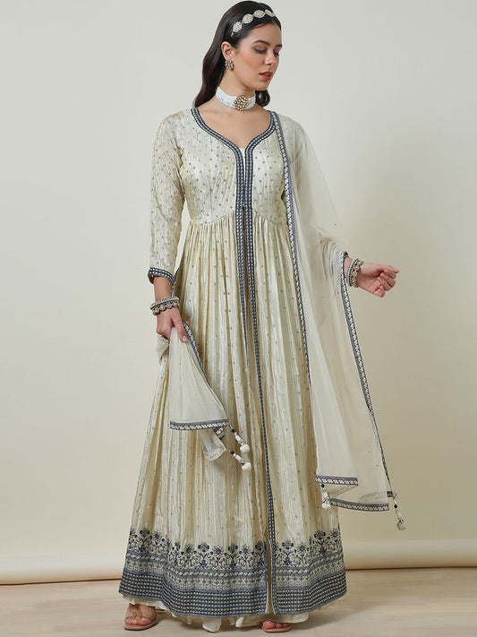 Dhiyona SO Women's Alina Cut Beige Embroidered V-Neck Thread Work Tissue Anarkali Kurta With Palazzos & Dupatta