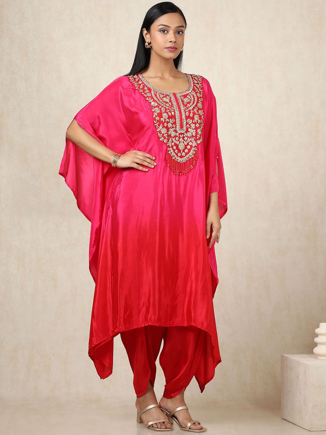 Dhiyona SO Women's Floral Yoke Design Sequinned Silk Crepe Kaftan Kurta With Trouser