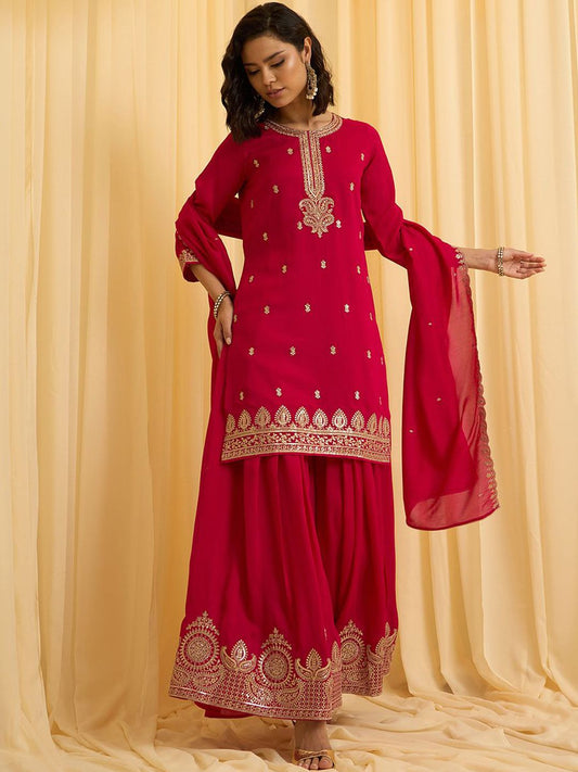 Dhiyona CH Women Zari Sequence Embroidered Kurta with Palazzos & Dupatta