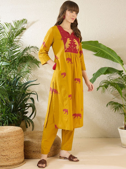 Women Animal Printed Tiered Thread Work Pure Cotton Kurta with Trousers