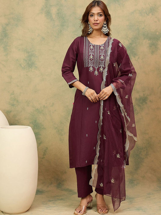 Dhiyona VA Women'sYoke or Border Embroidered Zari Straight Kurta With Trousers & Dupatta