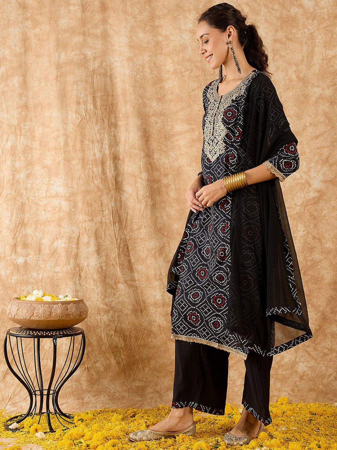 Bandhani Printed Straight Pure Cotton Kurta with Palazzos & Dupatta