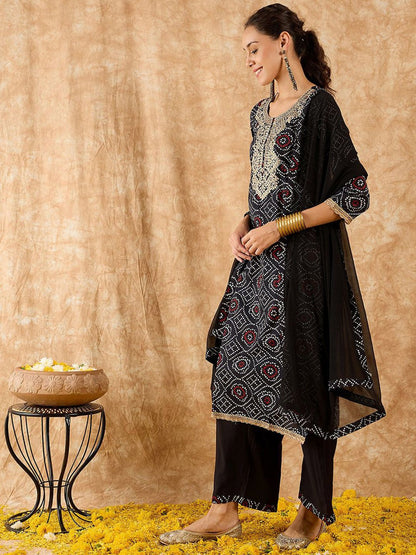 Bandhani Printed Straight Pure Cotton Kurta with Palazzos & Dupatta