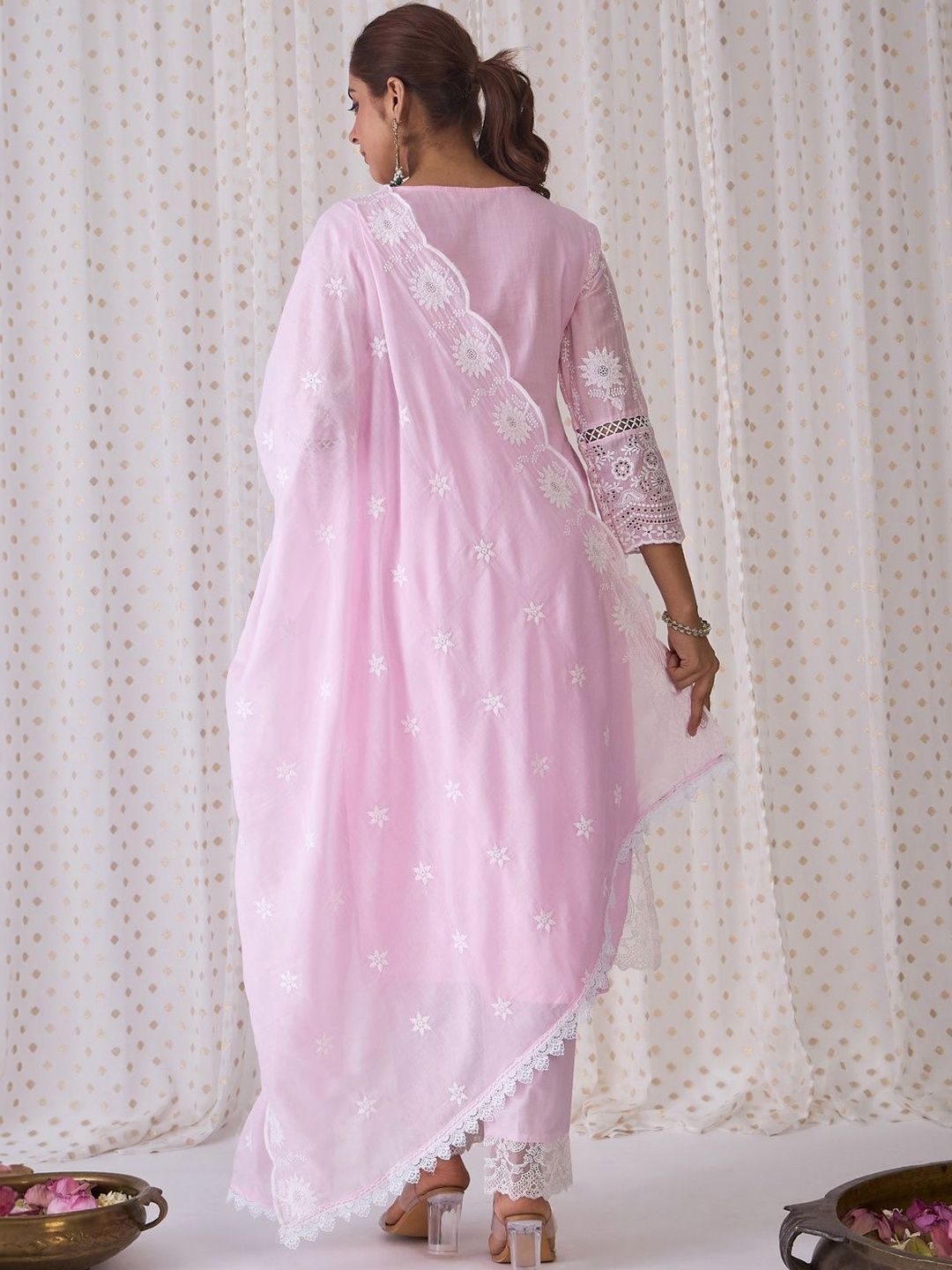 Women Ethnic Motifs Embroidered Regular Chikankari Pure Cotton Kurta with Trousers & With Dupatta