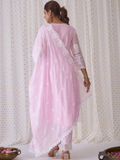 Women Ethnic Motifs Embroidered Regular Chikankari Pure Cotton Kurta with Trousers & With Dupatta