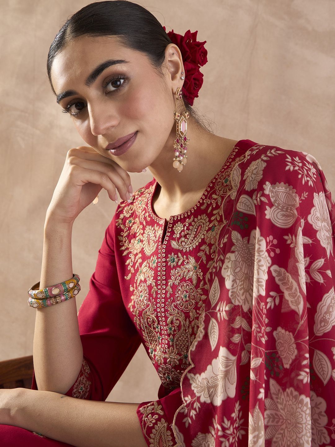 Ethnic Motifs Embroidered Notch Neck Thread Work Kurta With Trousers & Dupatta