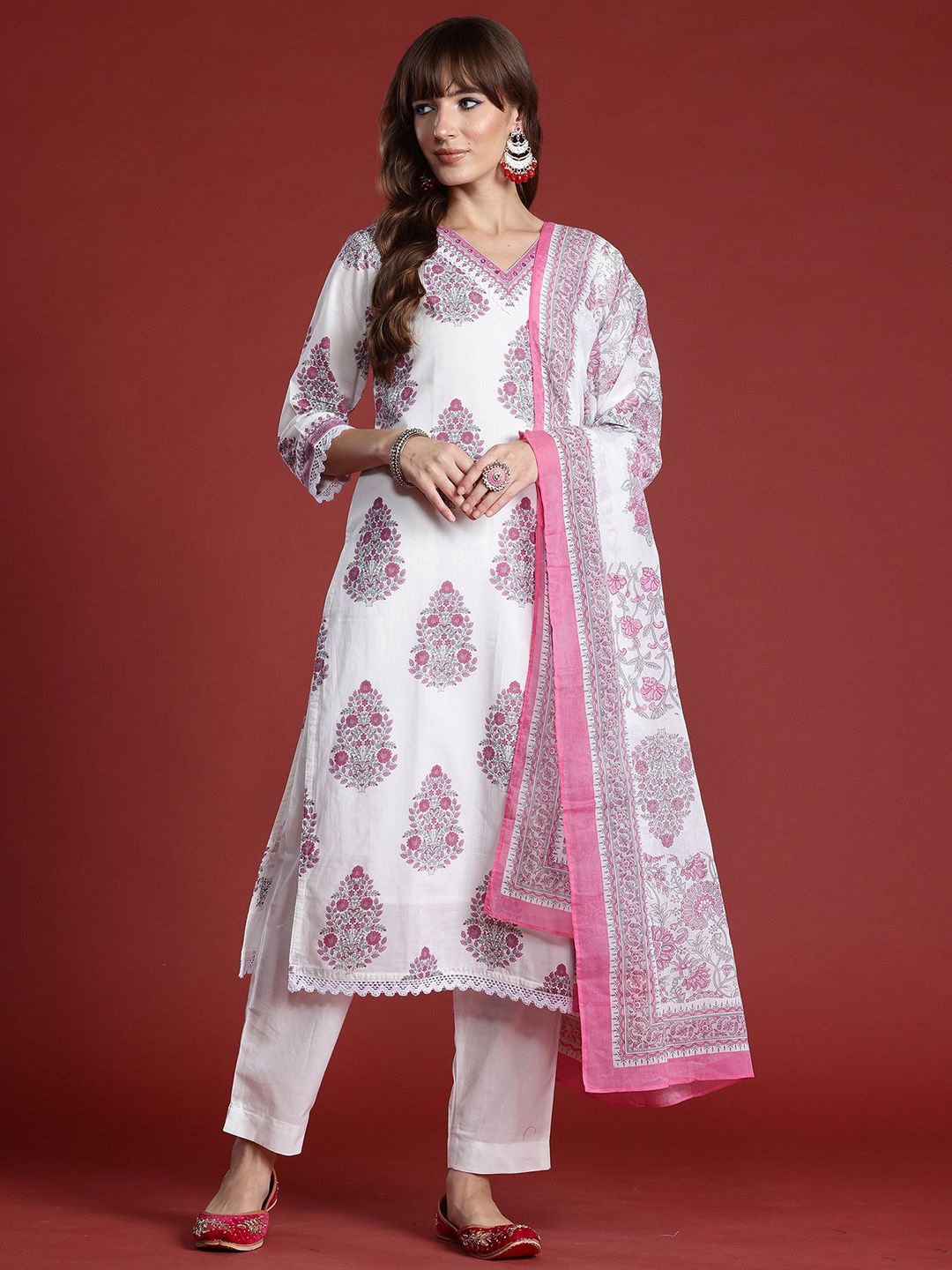 Floral Printed Sequinned V-Neck Pure Cotton Kurta with Trousers & Dupatta