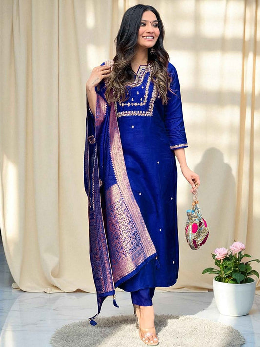 Dhiyona SN Women's Embroidered Pure Cotton Straight Kurta Trousers & Dupatta