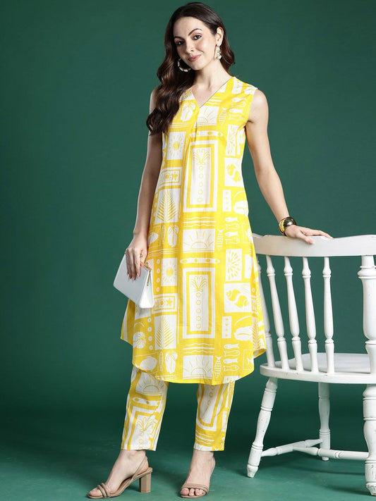 Dhiyona IE Printed Pure Cotton V-Neck Tunic With Trousers Co-Ords