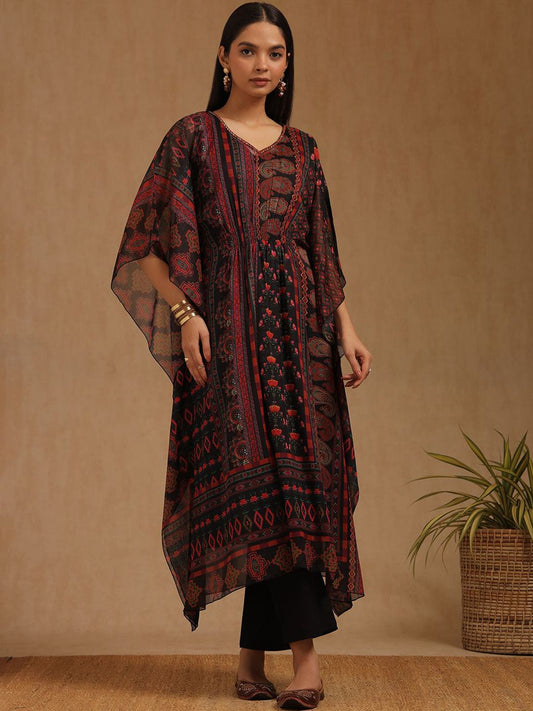 Dhiyona SO Women's Ethnic Motifs Printed Beads And Stones Kaftan Kurta With Trousers
