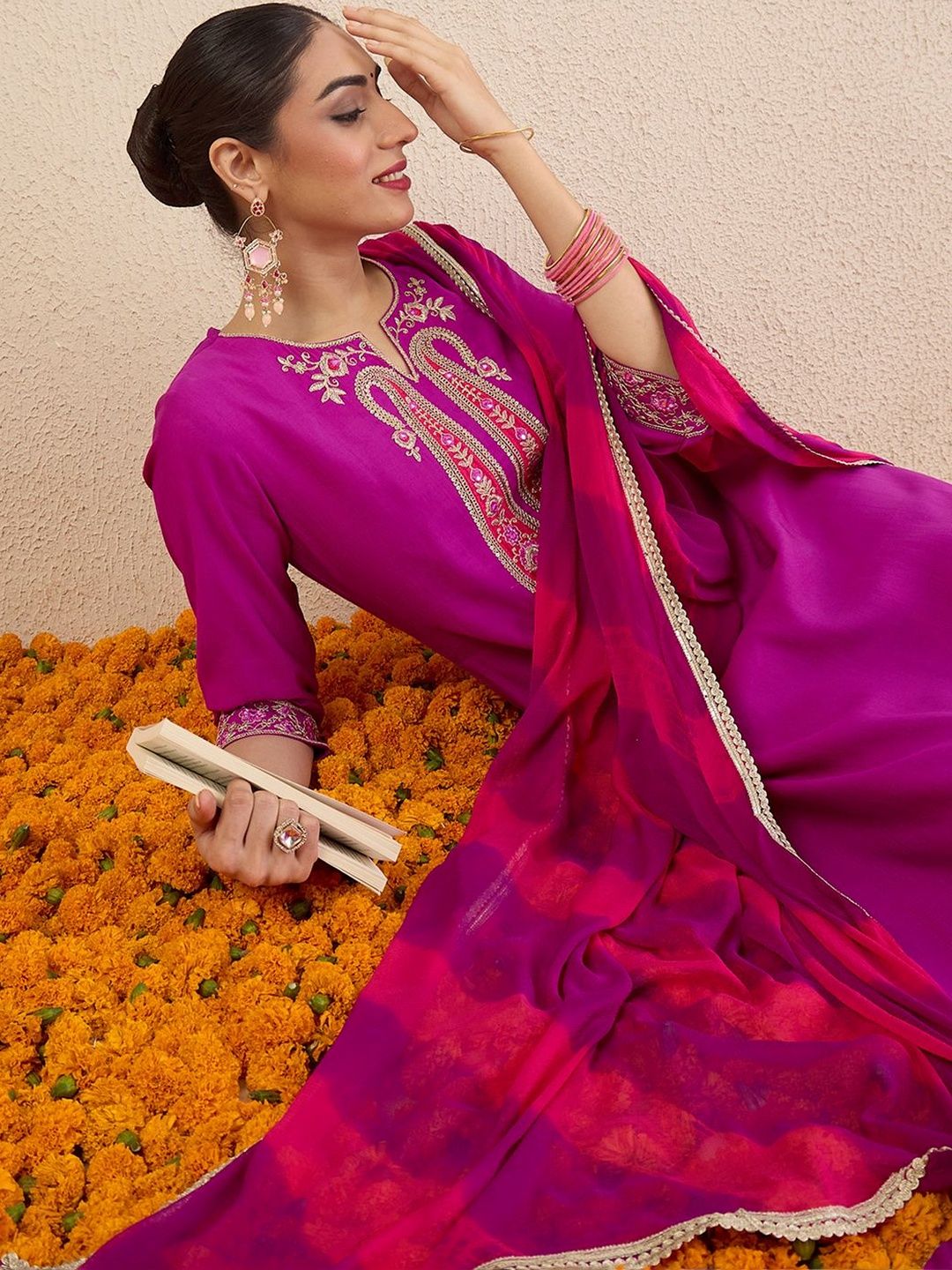 Women Ethnic Motifs Embroidered Regular Thread Work Kurta with Trousers & With Dupatta