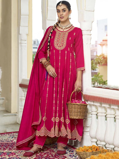 Dhiyona CH Women Woven Design Embroidered A-Line Kurta with Trousers & Dupatta