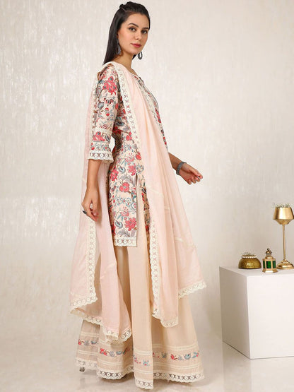 Dhiyona SO Women's Floral Printed Gotta Patti Linen Straight Kurti with Palazzos & Dupatta
