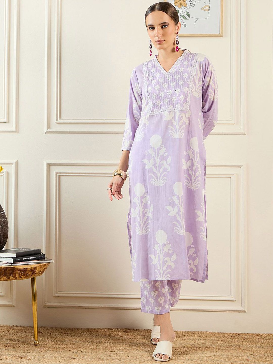 Dhiyona IE Floral Printed V-Neck Pure Cotton Straight Kurta With Trousers & Dupatta