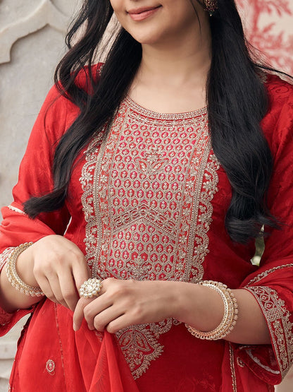 Dhiyona CH Women Ethnic Motifs Embroidered Thread Work Kurta with Sharara & With Dupatta