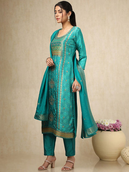 Dhiyona SO Women's Ethnic Motifs Woven Design Zari Work Straight Kurta With Trouser & Dupatta