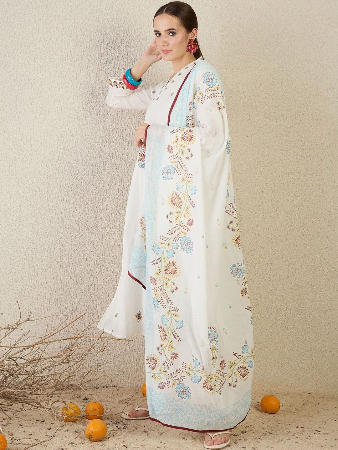 Floral Embroidered Thread Work Pure Cotton Kurta With Trouser & Dupatta
