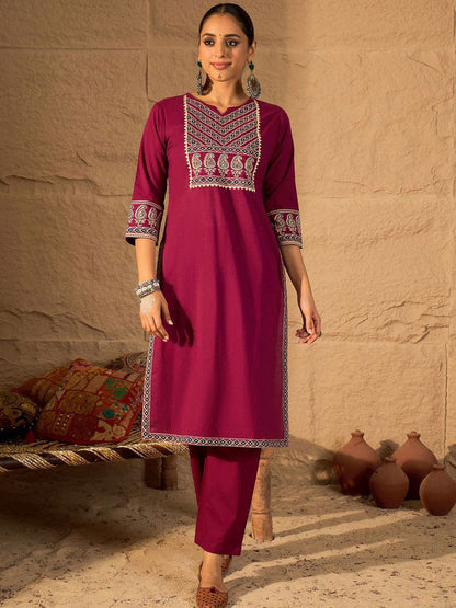 Yoke Design Printed Notch-Neck Cotton Straight Kurta With Trousers And Dupatta