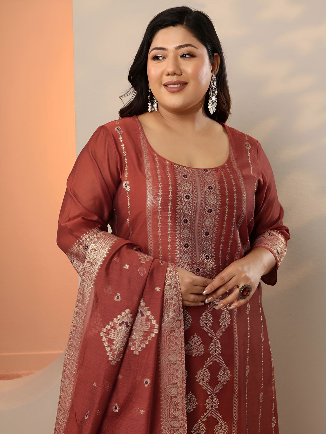Dhiyona Women's Plus Size Ethnic Motifs Embroidered Kurta with Trousers & Dupatta