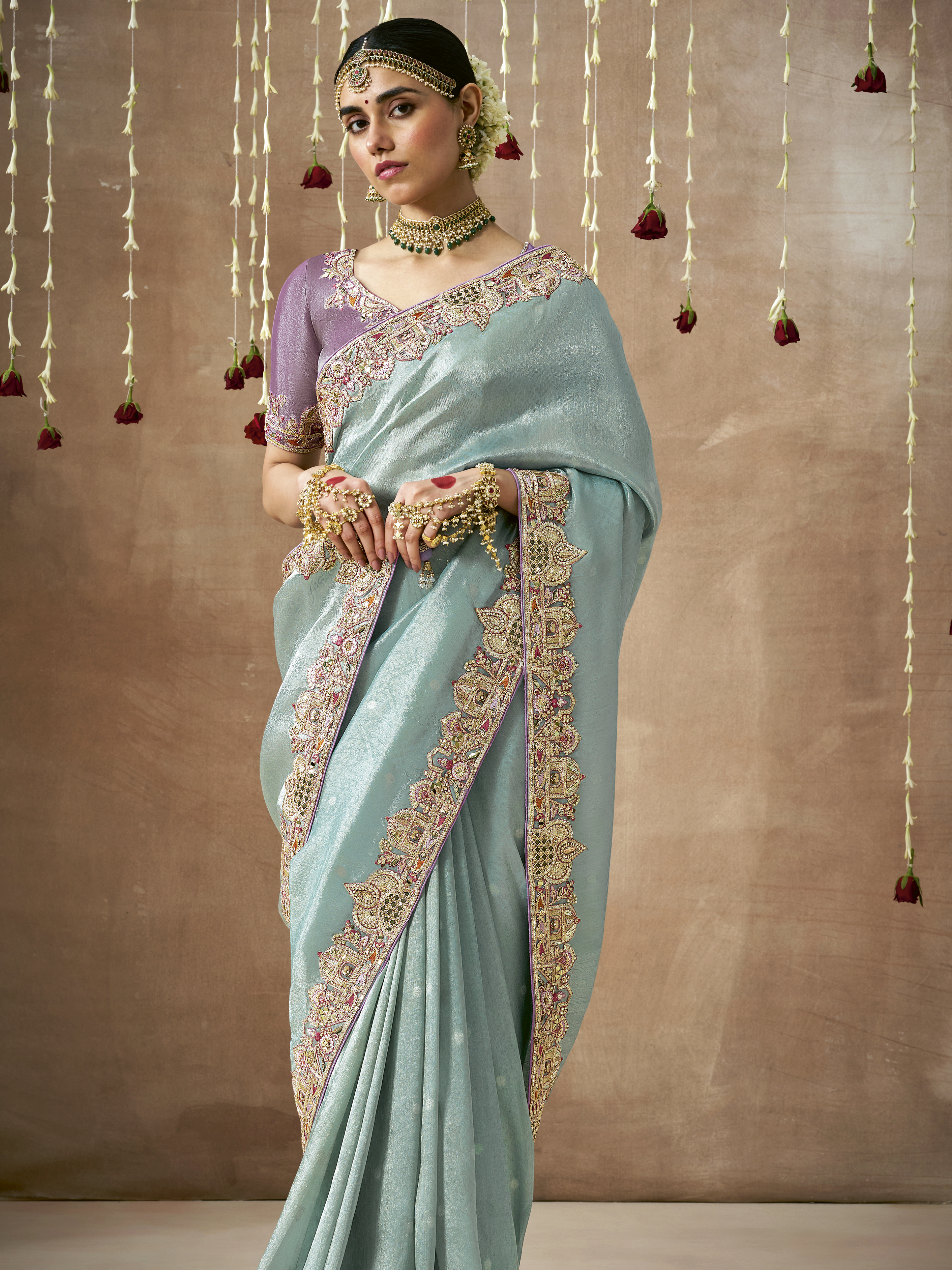 Dhiyona KM Women  Sky Blue Tissue Silk Saree