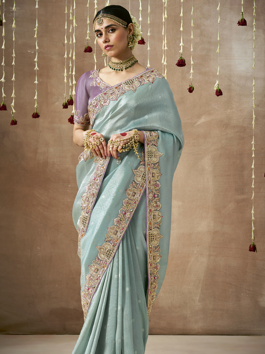 Dhiyona KM Women  Sky Blue Tissue Silk Saree
