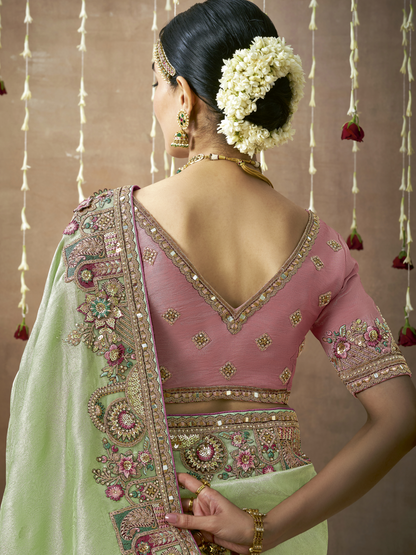Dhiyona KM Women Green Bridal Pure Tissue Dola Silk Saree