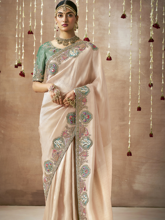 Dhiyona KM Women Cream Tissue Dola Silk Saree