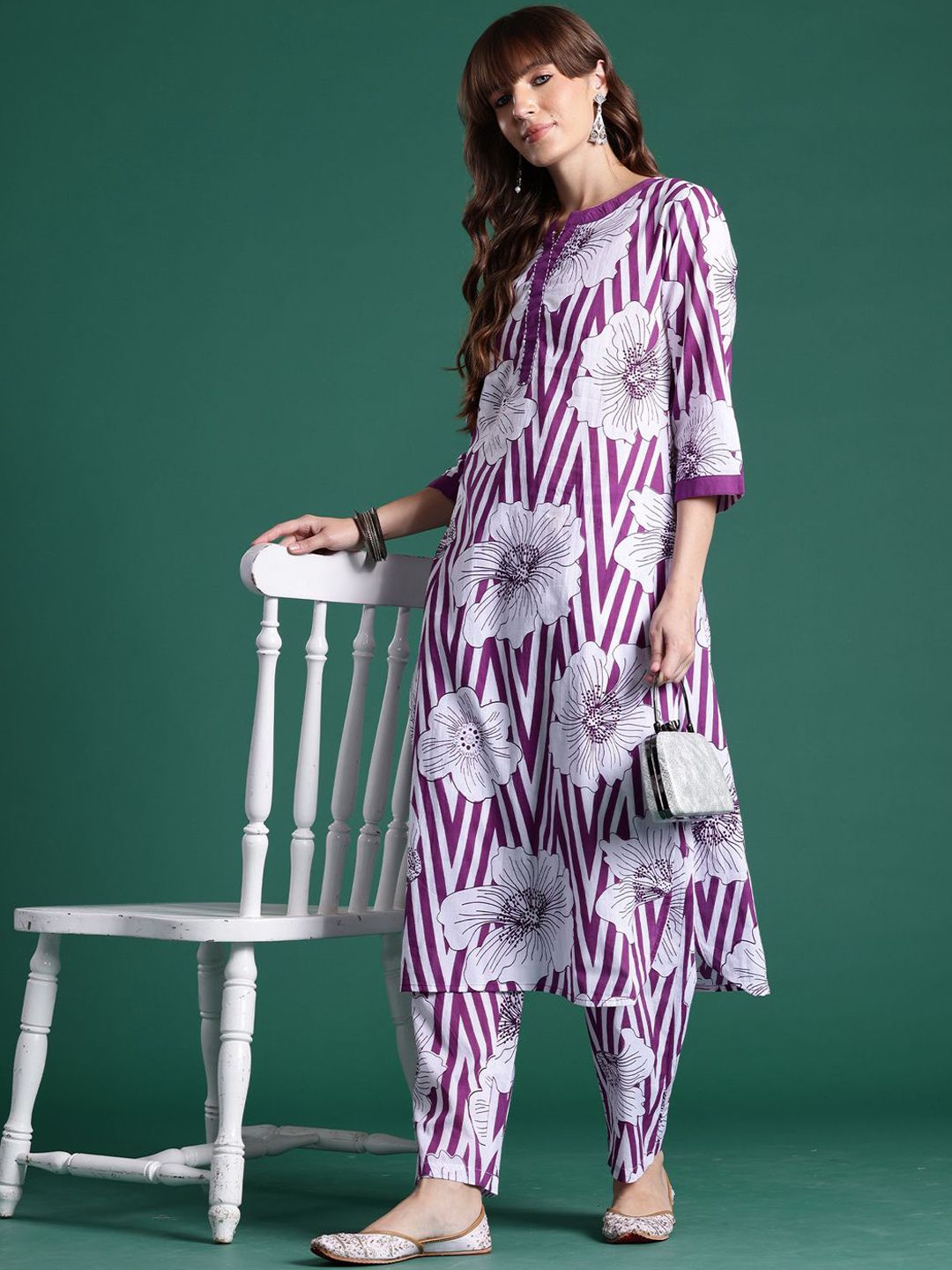 Dhiyona IE Printed Pure Cotton Round Neck Tunic with Trousers Co-Ords