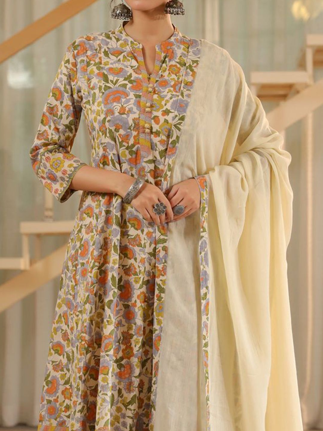 Dhiyona RR Women's Floral Printed Regular Pure Cotton Kurta with Trousers & With Dupatta