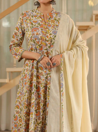 Dhiyona RR Women's Floral Printed Regular Pure Cotton Kurta with Trousers & With Dupatta