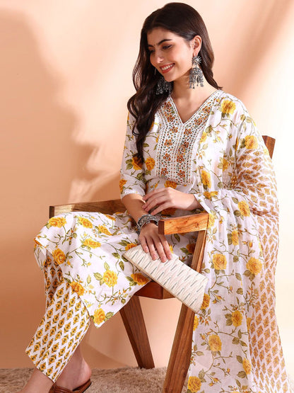 Dhiyona OD  Floral Printed Sequinned Pure Cotton Kurta With Trouser & Dupatta