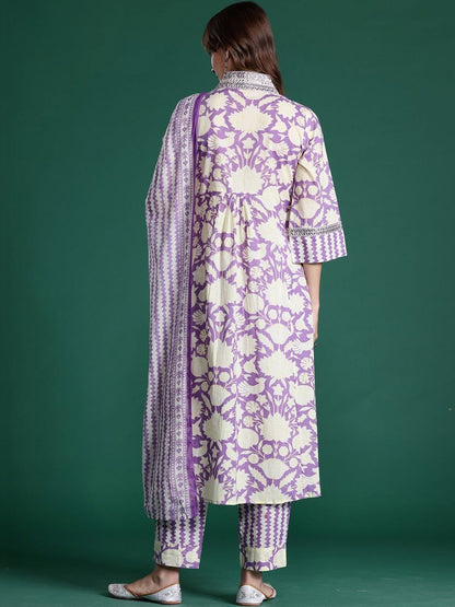 Women Ethnic Motifs Printed Empire Mirror Work Pure Cotton Kurta with Trousers & With Dupatta