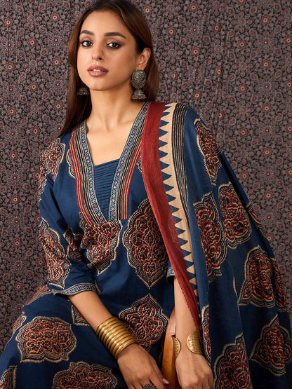 Women Ajrakh Printed Straight Kurta Trousers With Dupatta Set