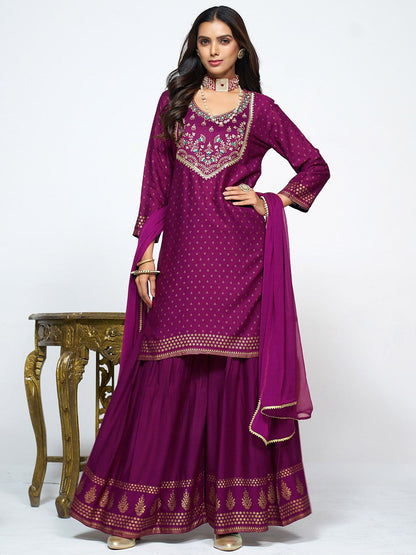 Dhiyona SN Women's Embroidered Round Neck Straight Kurta & Sharara With Dupatta