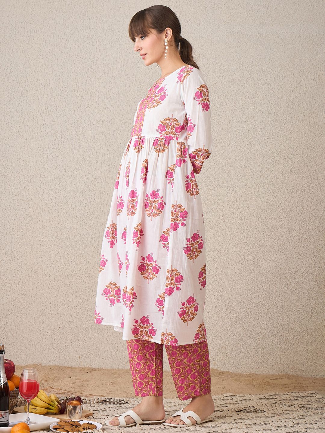 Dhiyona IE Floral Printed Notch Neck Empire Pure Cotton A-Line Kurta With Trouser