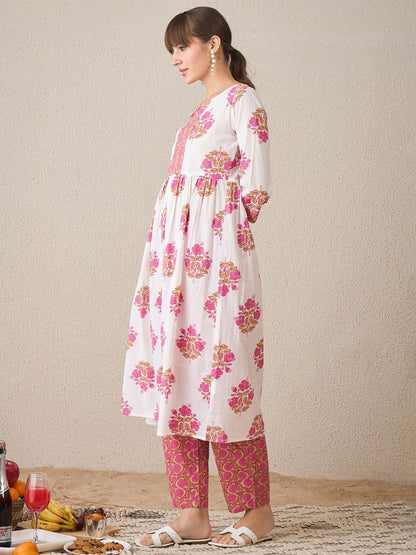 Dhiyona IE Floral Printed Notch Neck Empire Pure Cotton A-Line Kurta With Trouser