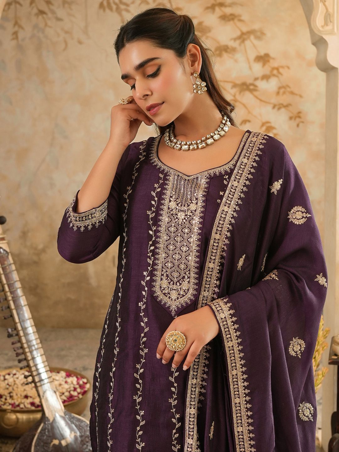 Dhiyona IE Women Embroidered Straight Kurta Trousers With Dupatta Set