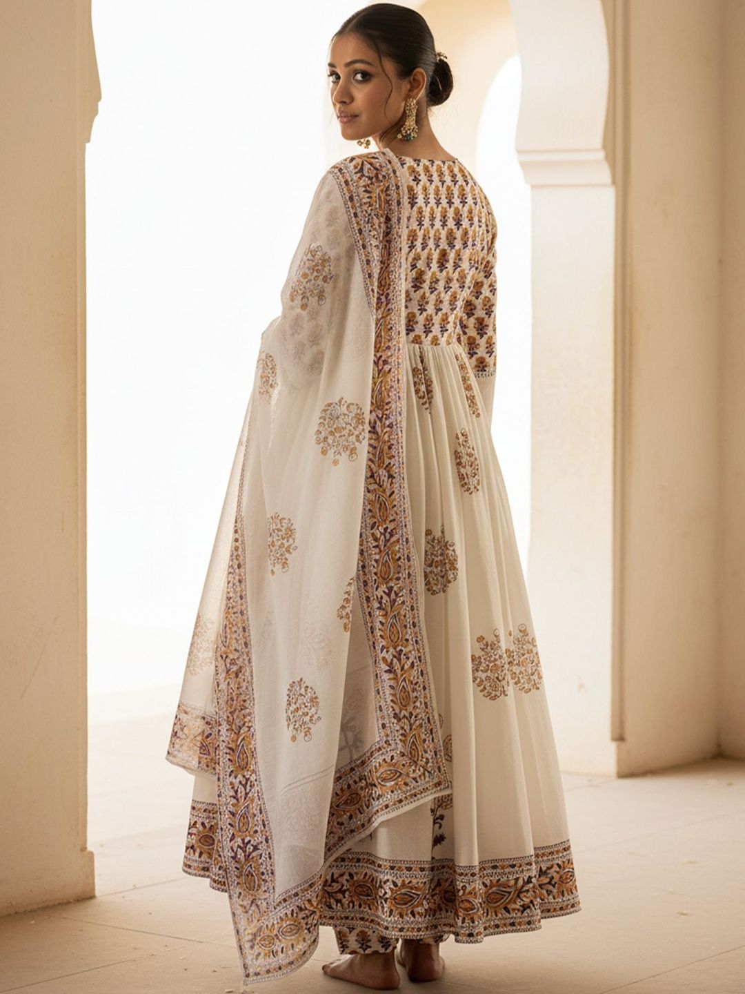 Ethnic Motifs Printed Empire Pure Cotton Anarkali Kurta With Trousers & Dupatta