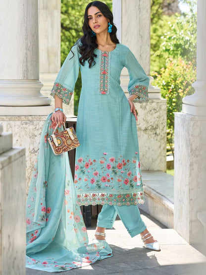 Dhiyona IE Women Floral Yoke Design Regular Thread Work Linen Kurta with Trousers & With Dupatta