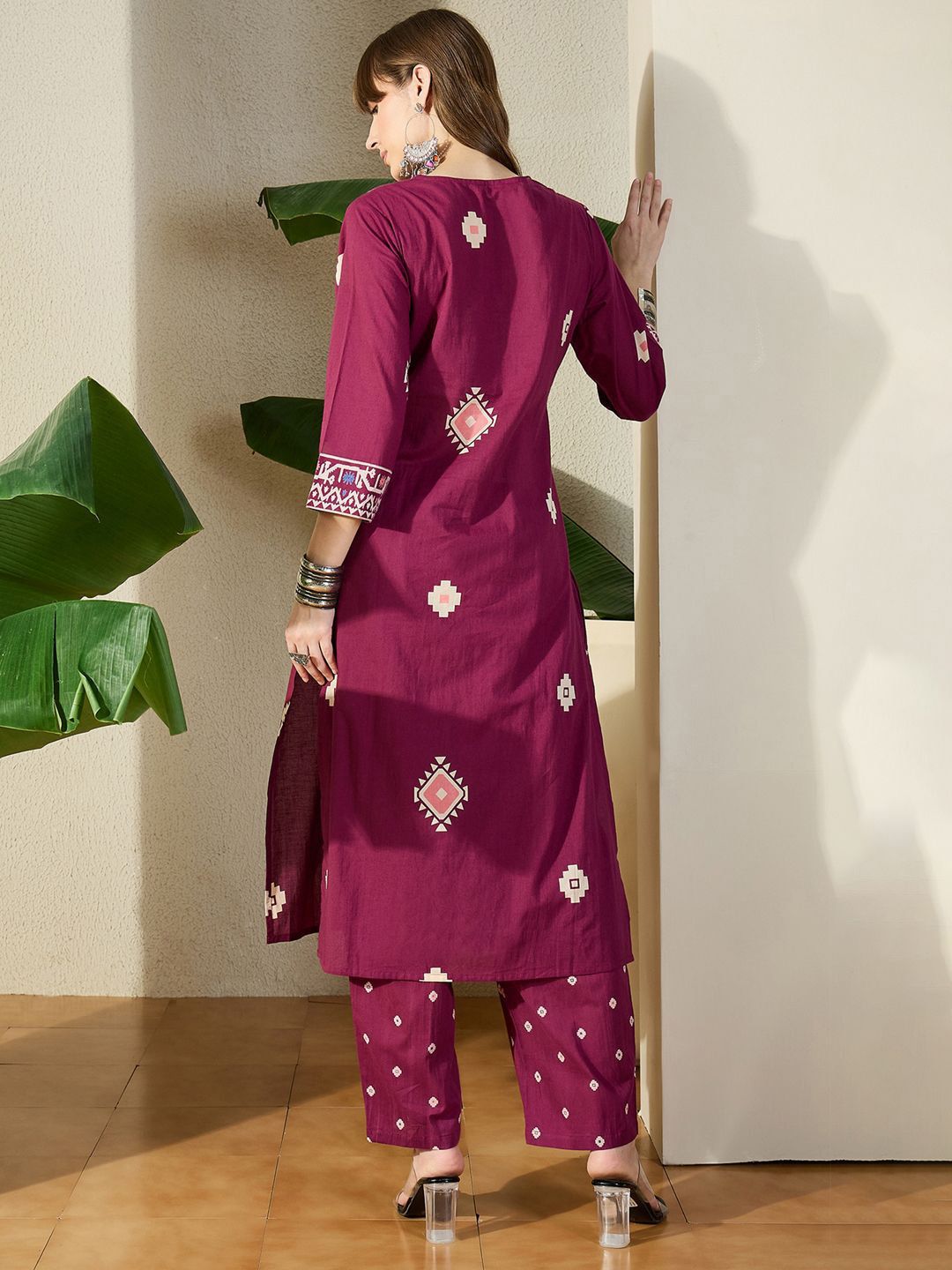 Dhiyona IE Printed Pure Cotton V-Neck Top With Trousers