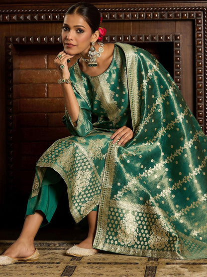 Ethnic Motifs Woven Design Zari Straight Kurta With Trousers & Dupatta